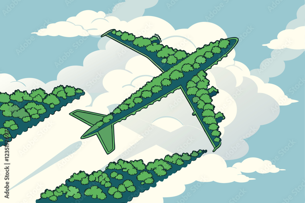 Aerial view, airplane-shaped forest, green trees, lush foliage, flying above clouds, blue sky, eco-friendly travel concept, environmental conservation, surreal landscape, photorealistic render, high Aerial view, airplane-shaped forest, green trees, lush foliage, flying above clouds, blue sky, eco-friendly travel concept, environmental conservation, surreal landscape, photorealistic render, high