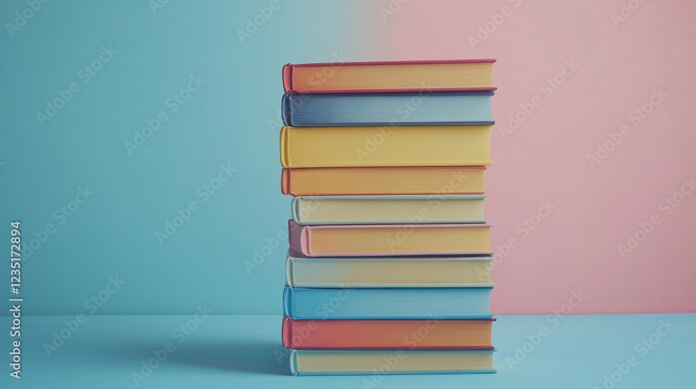 A colorful stack of books against a pastel blue and pink background, ideal for education themes A colorful stack of books against a pastel blue and pink background, ideal for education themes