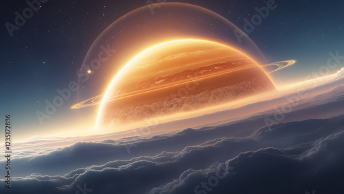 Sunrise over Earth from space with colorful clouds and bright sky