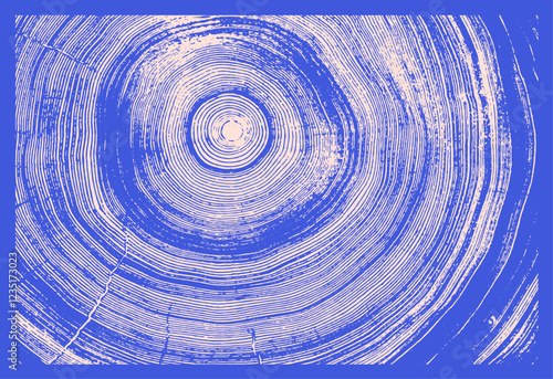 Monotone pink and blue botanical tree rings of end grain of wood slab. Growth rings art with texture and cracked surface.