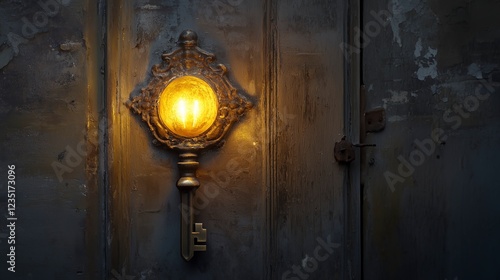 Wallpaper Mural Old ornate key and glowing light fixture on a vintage door, evoking a sense of mystery and exploration. Torontodigital.ca