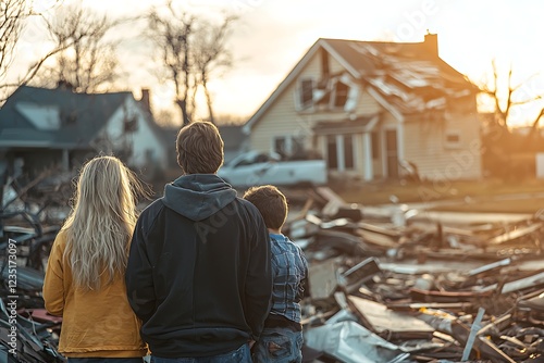 A family standing outside their damaged home after a tornado, looking at the debris scattered around.