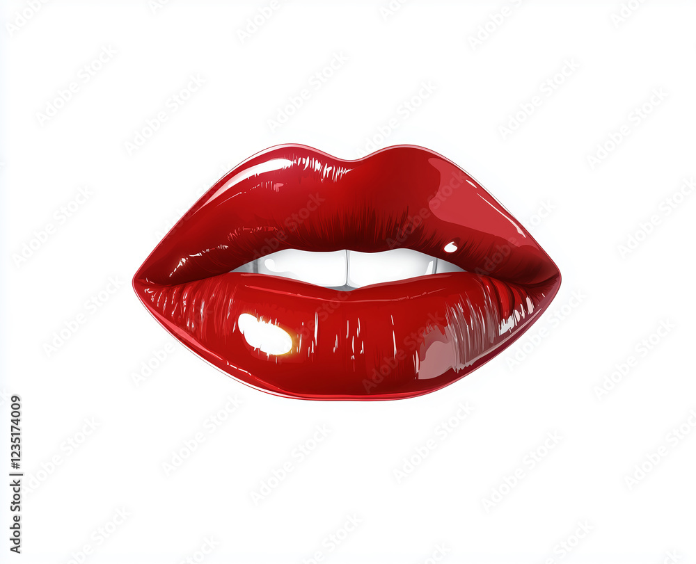 Glossy red lips on a white background. Abstract image of bright red lips with glossy gloss on a white background. Lips are slightly open, white teeth are visible. Glossy red lips on a white background. Abstract image of bright red lips with glossy gloss on a white background. Lips are slightly open, white teeth are visible.