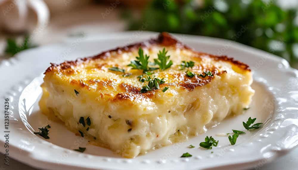 Potato gratin with cream, cheese and parsley on white plate Potato gratin with cream, cheese and parsley on white plate