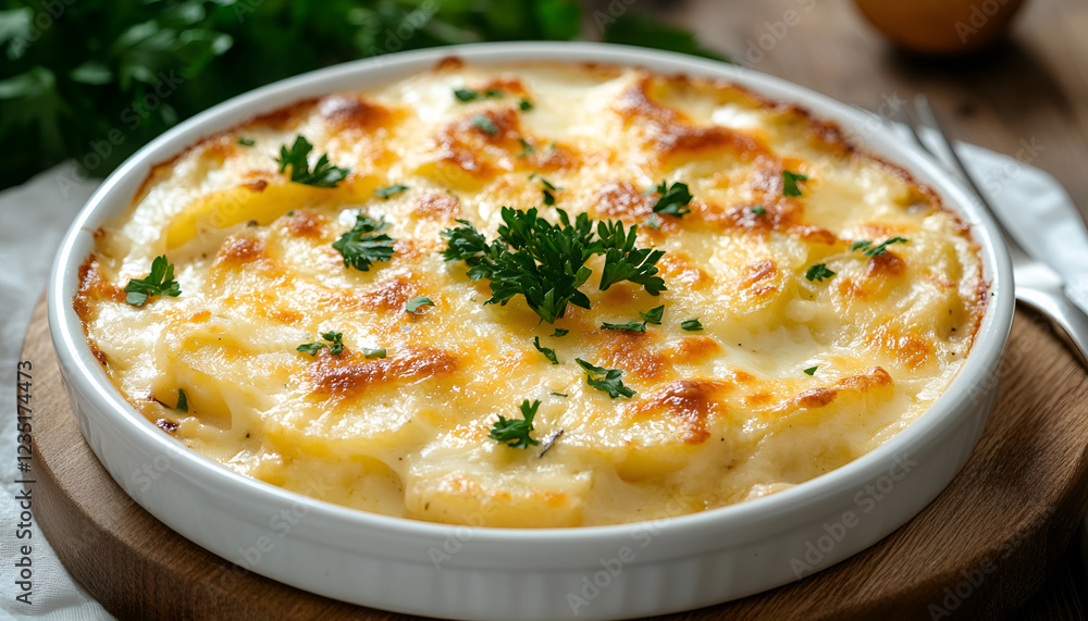Potato gratin with cream, cheese and parsley on white plate Potato gratin with cream, cheese and parsley on white plate