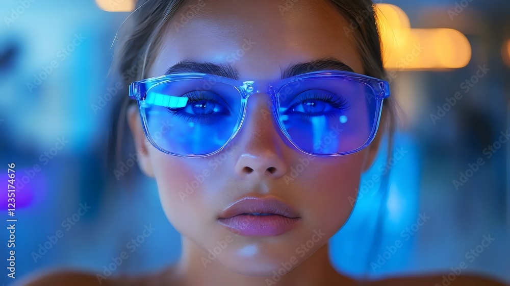 A woman with blue glasses is staring at the camera A woman with blue glasses is staring at the camera