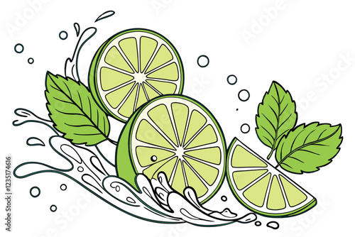 Vibrant lime slices, Water splashes, Fresh mint leaves, Bright green citrus, High-contrast photography, White background, Droplets, Refreshing, Zesty, Close-up, Floating fruit, Dynamic composition, Cr