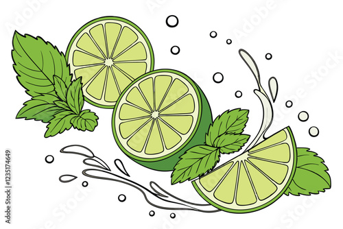 Vibrant lime slices, Water splashes, Fresh mint leaves, Bright green citrus, High-contrast photography, White background, Droplets, Refreshing, Zesty, Close-up, Floating fruit, Dynamic composition, Cr