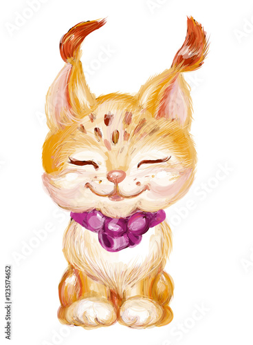 Cute baby lynx with a bow. Hand drawn element. Unusual cat. T-shirt design. 
