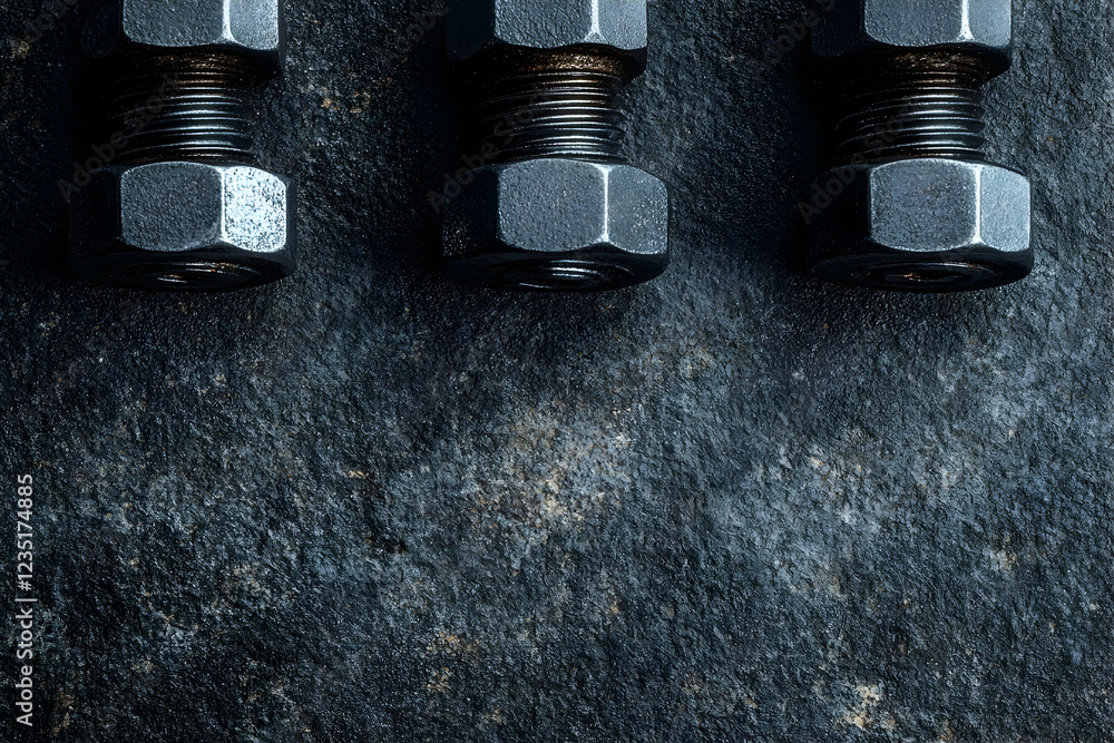 Industrial bolts on a gray textured background with metallic highlights Industrial bolts on a gray textured background with metallic highlights