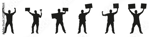 Protest Silhouette Icon Set. Activist Holding Signs and Banners in Different Poses Collection. Isolated Vector Illustration