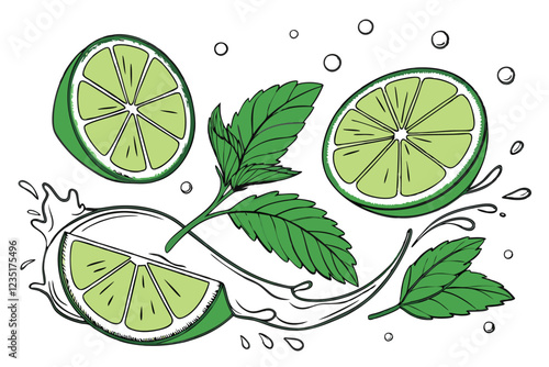 Vibrant lime slices, Water splashes, Fresh mint leaves, Bright green citrus, High-contrast photography, White background, Droplets, Refreshing, Zesty, Close-up, Floating fruit, Dynamic composition, Cr