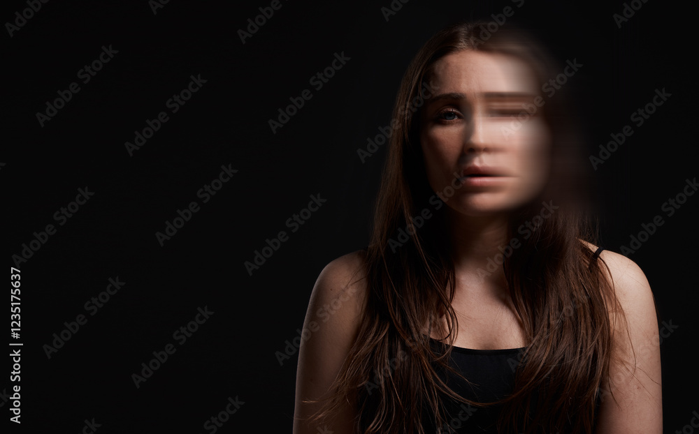 Woman, portrait and blur in studio for mental health, identity crisis or bipolar disorder. Psychology, person or sad on black background space with facial distortion, dissociation or PTSD with trauma Woman, portrait and blur in studio for mental health, identity crisis or bipolar disorder. Psychology, person or sad on black background space with facial distortion, dissociation or PTSD with trauma