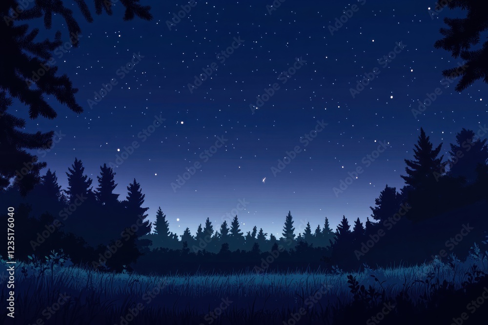Naklejka premium Starry Night Forest: A Serene Night Scene
