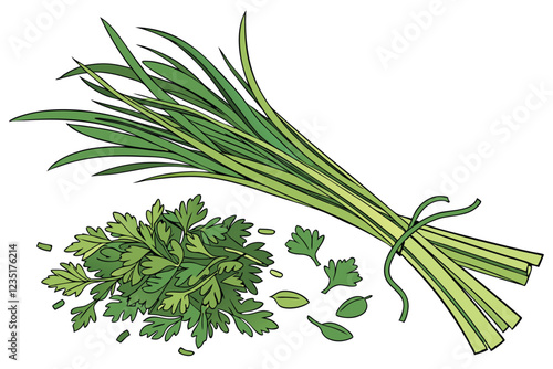  Fresh chopped herbs, vibrant green chives, aromatic garnish, culinary ingredients, macro photography, white background, crisp detail, organic texture, scattered leaves, culinary art, fresh produce, g