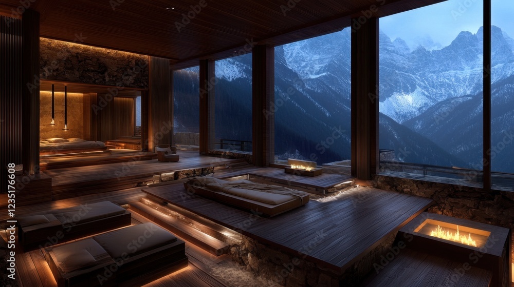 Fototapeta premium Luxurious wellness retreat with mountain views in serene twilight setting