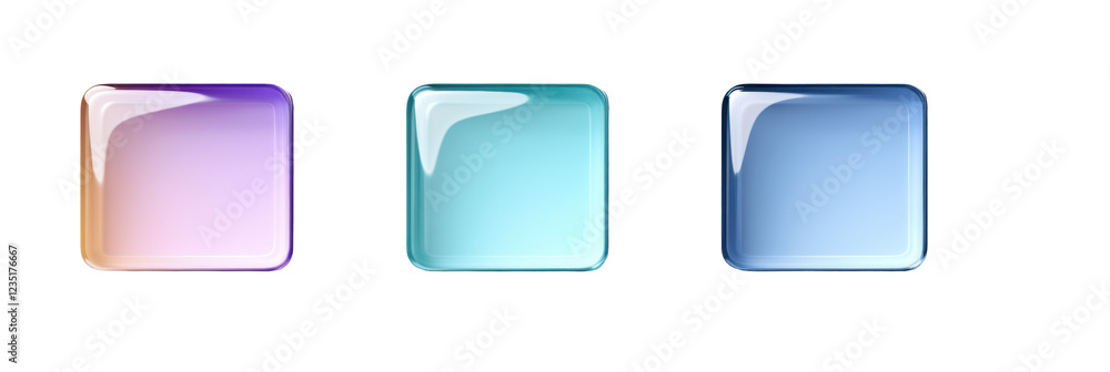 Set of three gradient glossy rectangle icons in purple, aqua, and blue on transparent background png Set of three gradient glossy rectangle icons in purple, aqua, and blue on transparent background png