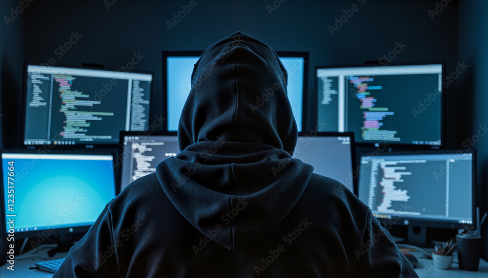 Hacker in a hoodie working on multiple screens in a dark room illuminated by code Hacker in a hoodie working on multiple screens in a dark room illuminated by code