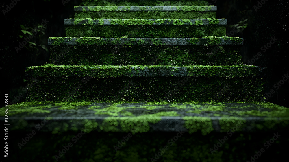 Mossy stone steps in dark forest; nature background Mossy stone steps in dark forest; nature background