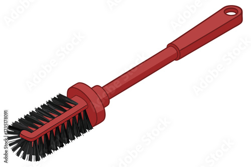 Photograph of a red bristle brush with a red plastic handle and a red plastic grip on the end of the handle. The brush head is filled with black bristles and the bristles are densely packed and appear