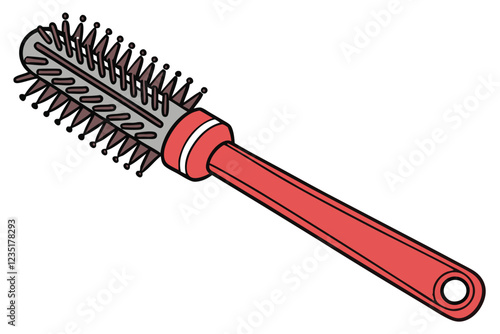 Photograph of a red bristle brush with a red plastic handle and a red plastic grip on the end of the handle. The brush head is filled with black bristles and the bristles are densely packed and appear