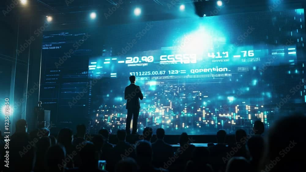 A speaker shares insights on groundbreaking tech to a captivated audience in a vibrant, modern conference hall A speaker shares insights on groundbreaking tech to a captivated audience in a vibrant, modern conference hall