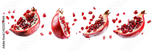Fresh pomegranate slices and seeds isolated on transparent background png