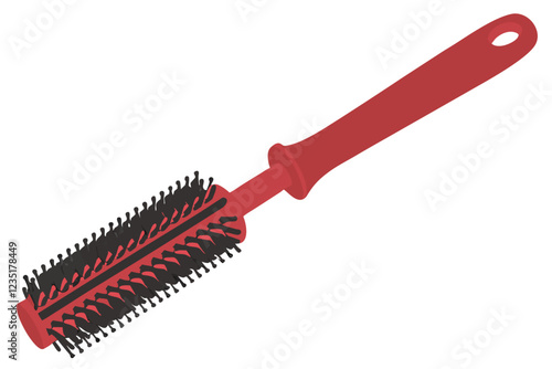Photograph of a red bristle brush with a red plastic handle and a red plastic grip on the end of the handle. The brush head is filled with black bristles and the bristles are densely packed and appear