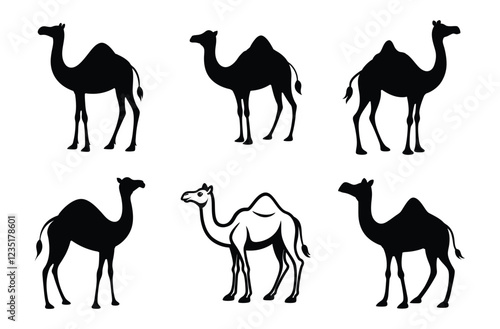 Camel Silhouette, Camel Isolated On White Background, Camel on black and white vector design, Desert and Wildlife