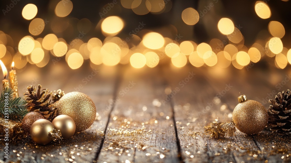 Fototapeta premium Golden Christmas Ornaments on Rustic Wood with Festive Lights