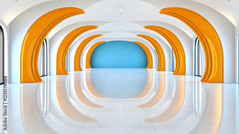 Obraz premium Modern orange arch hallway, glossy floor, blue wall, architectural design, interior render