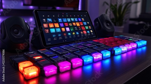 Colorful MIDI keyboard setup with tablet, home studio photo