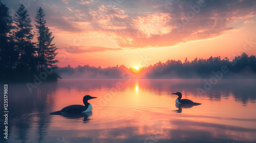 Fototapeta Naklejka Na Ścianę i Meble -  Experience the breathtaking beauty of sunset serenity as loon birds glide across tranquil water