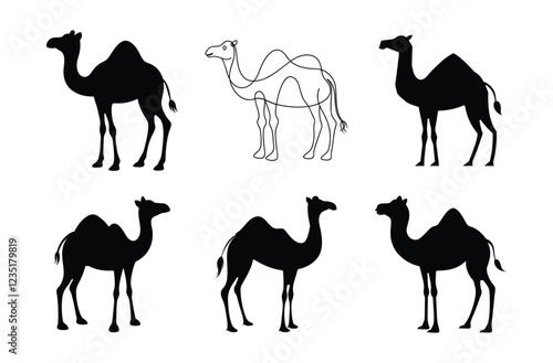 Camel Silhouette, Camel Isolated On White Background, Camel on black and white vector design, Desert and Wildlife