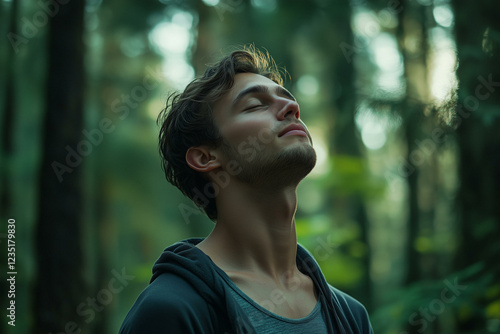 Portrait of young man breathing outdoor in the forest. Handsome male meditating relaxing and enjoying nature, calm and peace concept