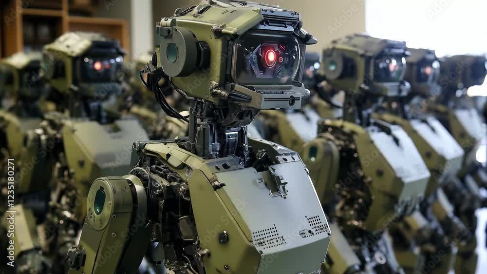 A group of advanced military robots standing in precise formation, exhibiting futuristic design and cutting edge technology A group of advanced military robots standing in precise formation, exhibiting futuristic design and cutting edge technology