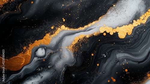 Abstract Liquid Art with Black, White, and Gold Marble Textures in Acrylics