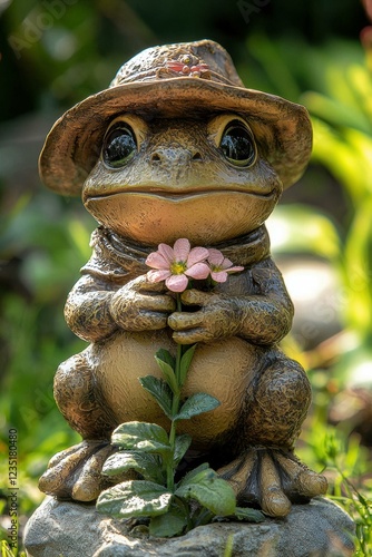 A charming frog statue holding a flower. AI.