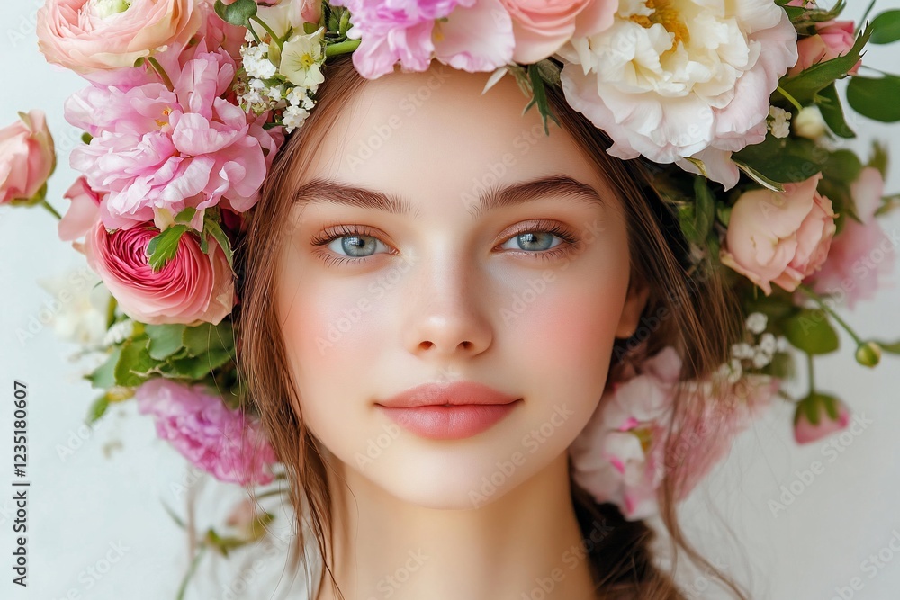 Girl, floral crown, spring, beauty, portrait, white background, skincare Girl, floral crown, spring, beauty, portrait, white background, skincare