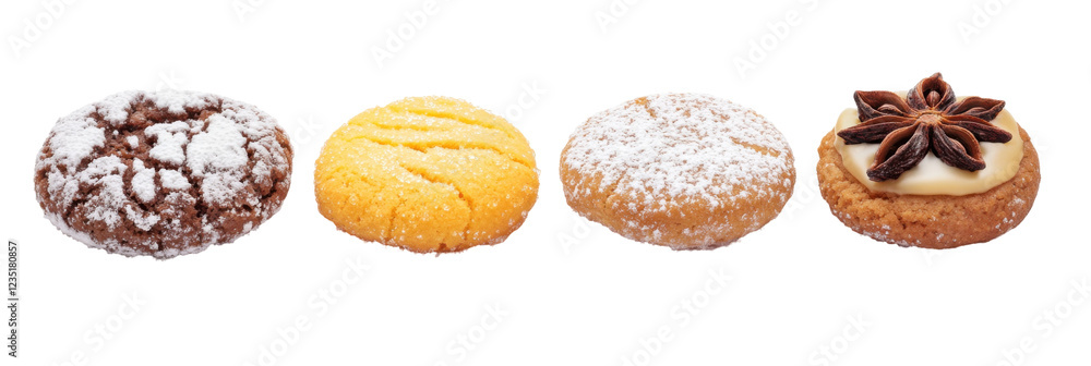Four assorted cookies with icing sugar and star anise on transparent background png Four assorted cookies with icing sugar and star anise on transparent background png