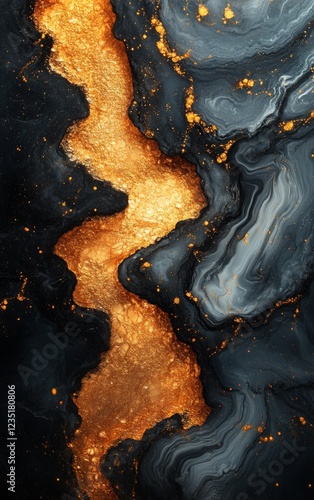 Abstract Liquid Art with Black, White, and Gold Marble Textures in Acrylics