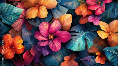 Wallpaper Mural Beautiful 2D Illustration of Colorful Flowers and Leaves Torontodigital.ca