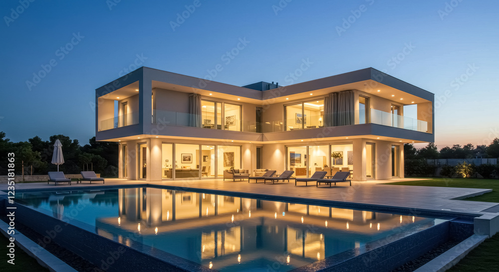 Obraz premium A stunning modern luxury villa at dusk with a large illuminated swimming pool in the foreground