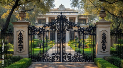 A large house with a black gate and a white trim photo