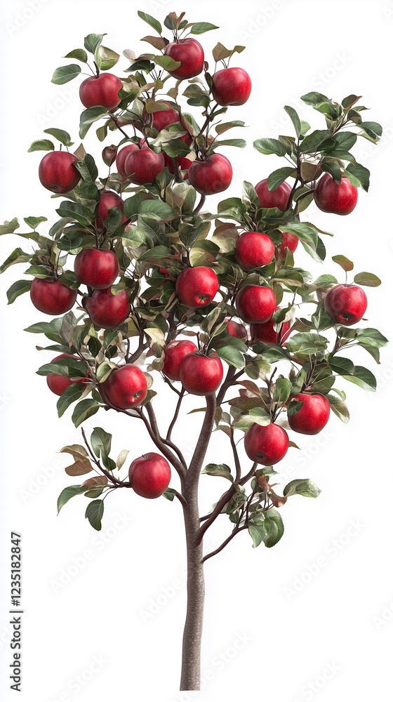 A branch of an apple tree with green leaves and ripe red apples, isolated on a white background.