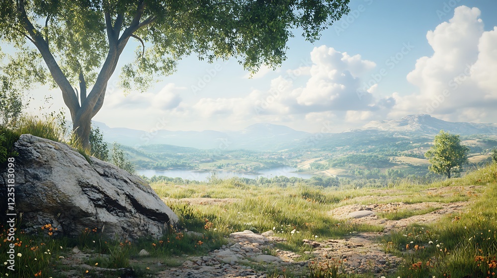 A serene landscape featuring a tree, rocky foreground, and distant hills under a blue sky. A serene landscape featuring a tree, rocky foreground, and distant hills under a blue sky.