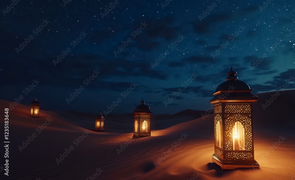 Glowing Lanterns in Desert Night Sky Starry Landscape Glowing Lanterns in Desert Night Sky Starry Landscape