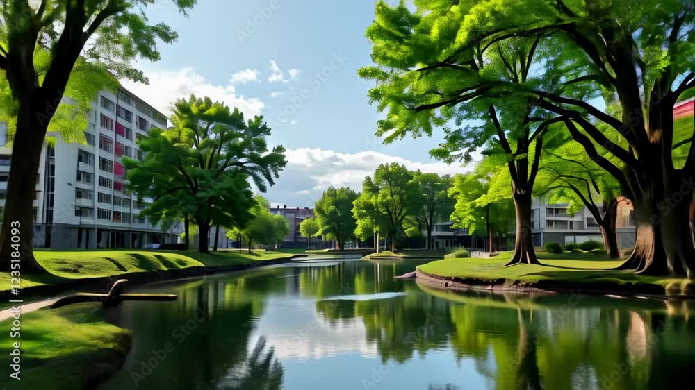 Tranquil afternoon by the serene lake surrounded by lush green trees in a peaceful urban park