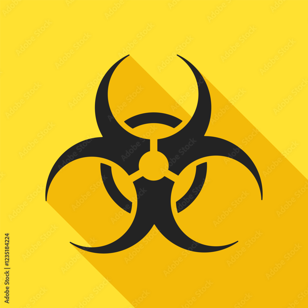 Biohazard long shadow illustration. Vector black icon on yellow background. Biohazard long shadow illustration. Vector black icon on yellow background.