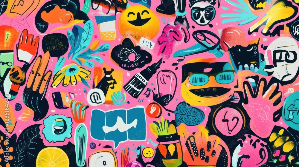 Vibrant and Playful Colorful Stickers on Pink Background Design Vibrant and Playful Colorful Stickers on Pink Background Design